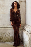 Brown Mermaid Velvet Ruched V-Neck Maxi Formal Dress With Lace Long Sleeves
