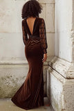 Brown Mermaid Velvet Ruched V-Neck Maxi Formal Dress With Lace Long Sleeves