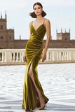 Velvet Olive Ruched Mermaid Spaghetti Straps Holiday Dress With Slit