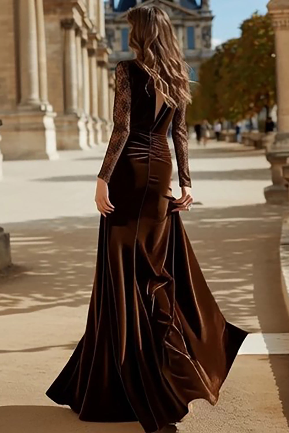 Berylove Women Brown Mermaid Formal Dress Velvet V-Neck Holiday Dress With Long Sleeves, Brown / custom Berylove Women Brown Mermaid Formal Dress Velvet V-Neck Holiday Dress With Long Sleeves, Brown / custom