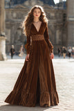 Velvet A-Line Brown V-Neck Maxi Formal Dress With Slit