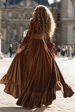 Velvet A-Line Brown V-Neck Maxi Formal Dress With Slit
