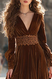 Velvet A-Line Brown V-Neck Maxi Formal Dress With Slit