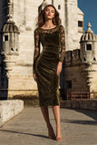 Olive Sheath Velvet Midi Formal Dress With Lace Long Sleeves