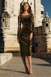 Olive Sheath Velvet Midi Formal Dress With Lace Long Sleeves