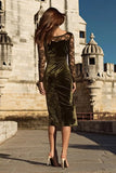 Olive Sheath Velvet Midi Formal Dress With Lace Long Sleeves