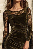 Olive Sheath Velvet Midi Formal Dress With Lace Long Sleeves