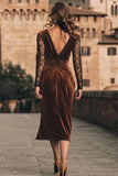 Brown Sheath V-Neck Ruched Velvet Midi Formal Dress With Lace Long Sleeves
