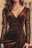 Brown Sheath V-Neck Ruched Velvet Midi Formal Dress With Lace Long Sleeves