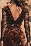 Brown Sheath V-Neck Ruched Velvet Midi Formal Dress With Lace Long Sleeves