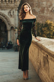Off The Shoulder Dark Green Sheath Velvet Formal Dress With Lace Long Sleeves