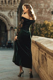 Off The Shoulder Dark Green Sheath Velvet Formal Dress With Lace Long Sleeves