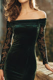 Off The Shoulder Dark Green Sheath Velvet Formal Dress With Lace Long Sleeves