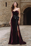 Burgundy Sweetheart Velvet Mermaid Maxi Holiday Dress With Slit