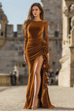 Velvet Mermaid Caramel Lace Long Sleeve Formal Dress With Slit