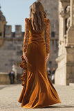Velvet Mermaid Caramel Lace Long Sleeve Formal Dress With Slit