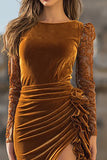 Velvet Mermaid Caramel Lace Long Sleeve Formal Dress With Slit