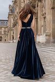 Navy One Shoulder A-Line Ruched Velvet Maxi Formal Dress