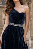 Navy One Shoulder A-Line Ruched Velvet Maxi Formal Dress