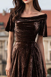 Velvet Brown A-Line Bateau Neck Maxi Holiday Dress
