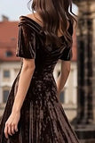 Velvet Brown A-Line Bateau Neck Maxi Holiday Dress
