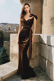 Brown V-Neck Ruched Velvet Maxi Holiday Dress With Sash