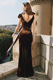 Brown V-Neck Ruched Velvet Maxi Holiday Dress With Sash