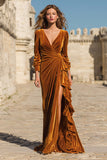 Caramel Ruffled Velvet Sheath Maxi Holiday Dress With Slit