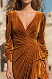 Caramel Ruffled Velvet Sheath Maxi Holiday Dress With Slit