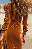 Caramel Ruffled Velvet Sheath Maxi Holiday Dress With Slit