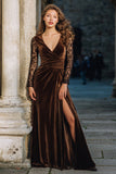 Brown Velvet V-Neck Maxi Holiday Dress With Slit