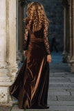 Brown Velvet V-Neck Maxi Holiday Dress With Slit