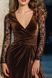 Brown Velvet V-Neck Maxi Holiday Dress With Slit