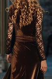 Brown Velvet V-Neck Maxi Holiday Dress With Slit