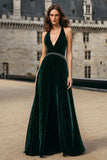 Dark Green Halter Velvet A-Line Maxi Holiday Dress With Beading