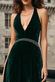 Dark Green Halter Velvet A-Line Maxi Holiday Dress With Beading