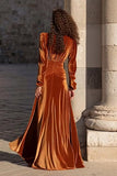 Caramel Velvet Ruched V-Neck Maxi Formal Dress With Slit
