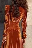 Caramel Velvet Ruched V-Neck Maxi Formal Dress With Slit