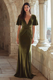 Olive Ruched V-Neck Sheath Velvet Maxi Formal Dress With Short Sleeves
