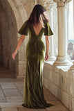 Olive Ruched V-Neck Sheath Velvet Maxi Formal Dress With Short Sleeves