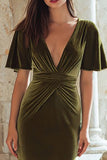 Olive Ruched V-Neck Sheath Velvet Maxi Formal Dress With Short Sleeves