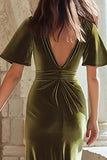 Olive Ruched V-Neck Sheath Velvet Maxi Formal Dress With Short Sleeves