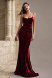 Burgundy Mermaid Velvet Spaghetti Straps Holiday Dress