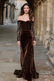 Mermaid Off The Shoulder Brown Velvet Holiday Dress