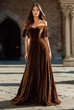 Brown A-Line Velvet Off The Shoulder Maxi Formal Dress