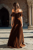 Brown A-Line Velvet Off The Shoulder Maxi Formal Dress