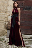 Burgundy Velvet Halter Keyhole Maxi Holiday Dress With Slit
