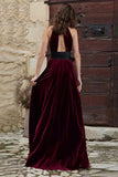 Burgundy Velvet Halter Keyhole Maxi Holiday Dress With Slit