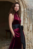 Burgundy Velvet Halter Keyhole Maxi Holiday Dress With Slit