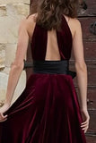 Burgundy Velvet Halter Keyhole Maxi Holiday Dress With Slit